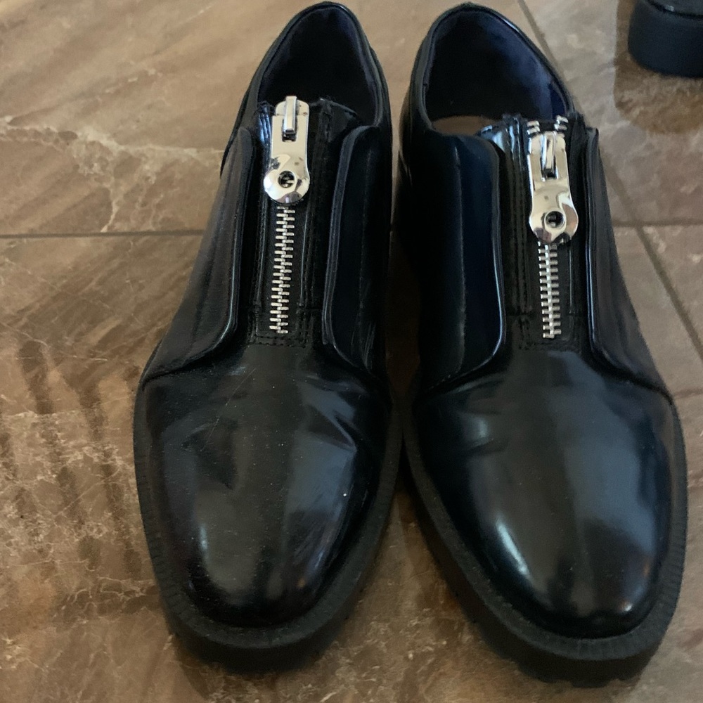 Zara Patent Black Zip Front Loafers